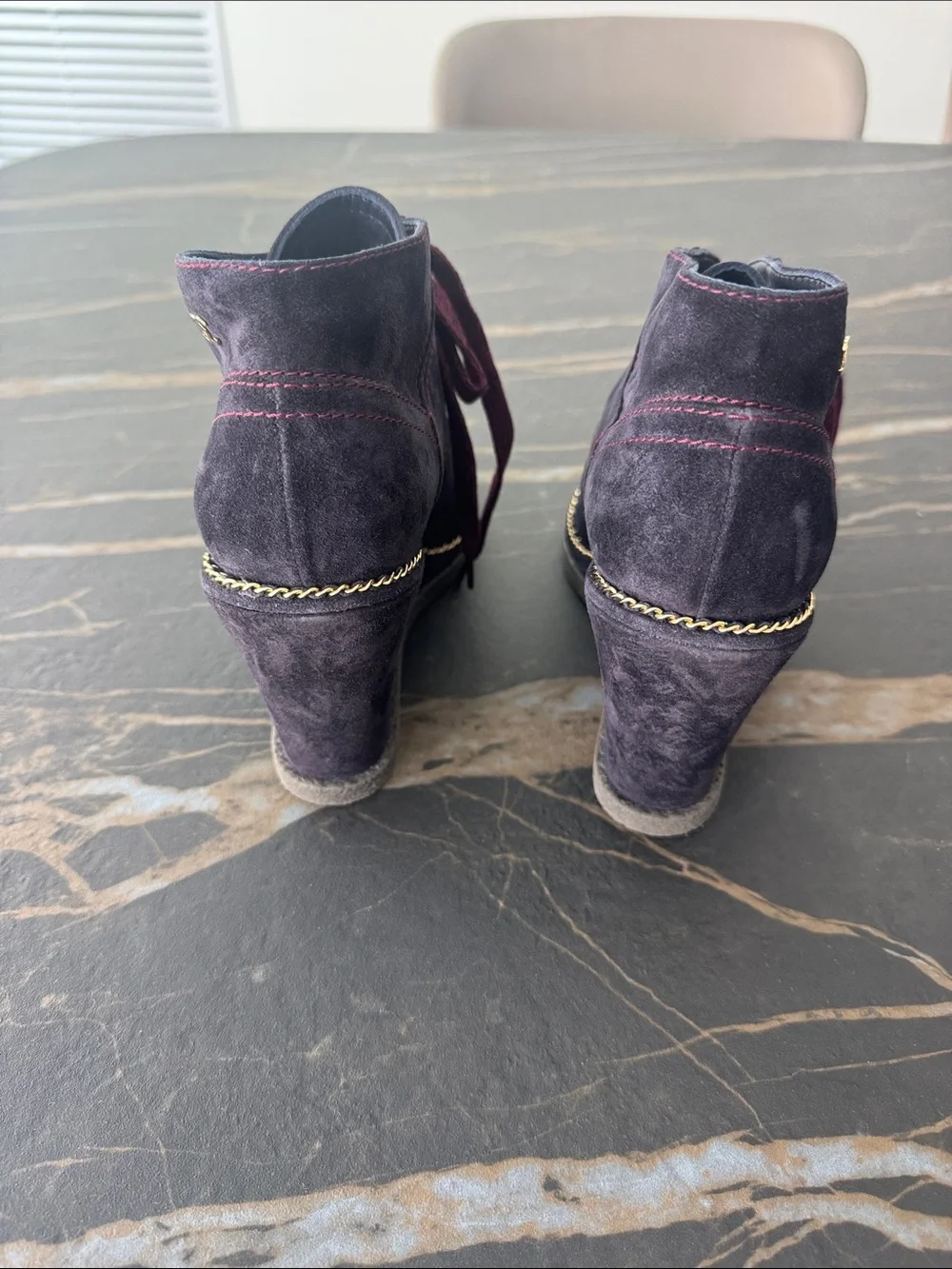 CHANEL Purple Suede Wedge Booties with Burgundy Laces